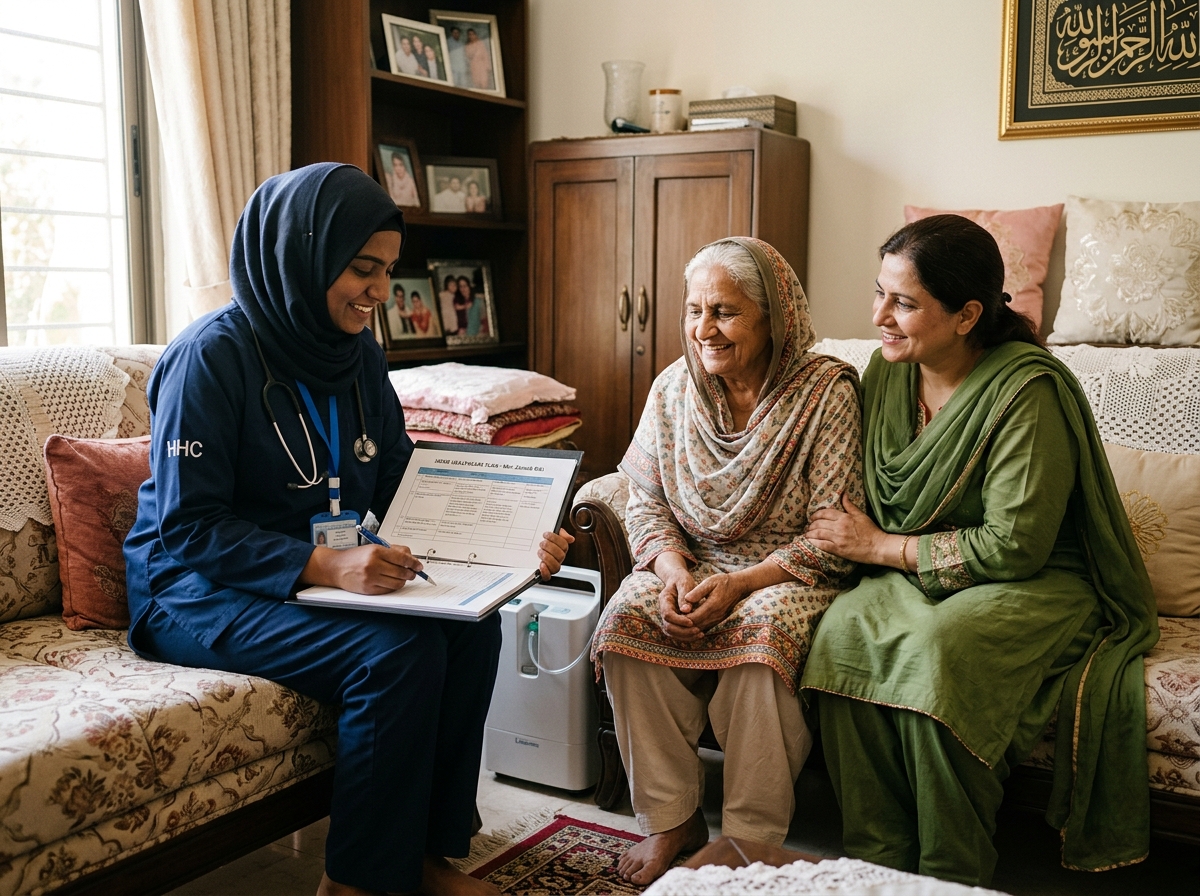 Dedicated Pakistani nurse discussing personalized care plan with family at home