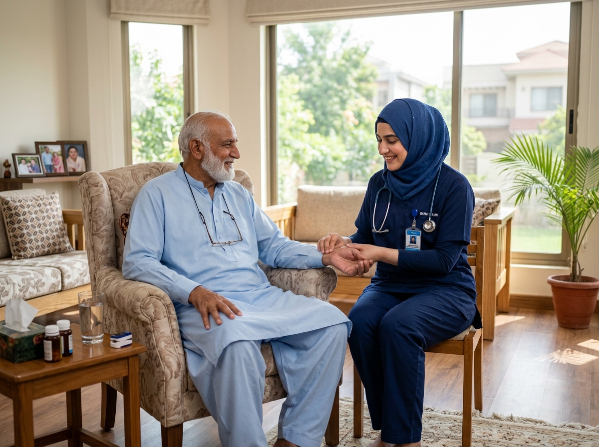 Professional Pakistani nurse attending with care to senior patient at home in Islamabad